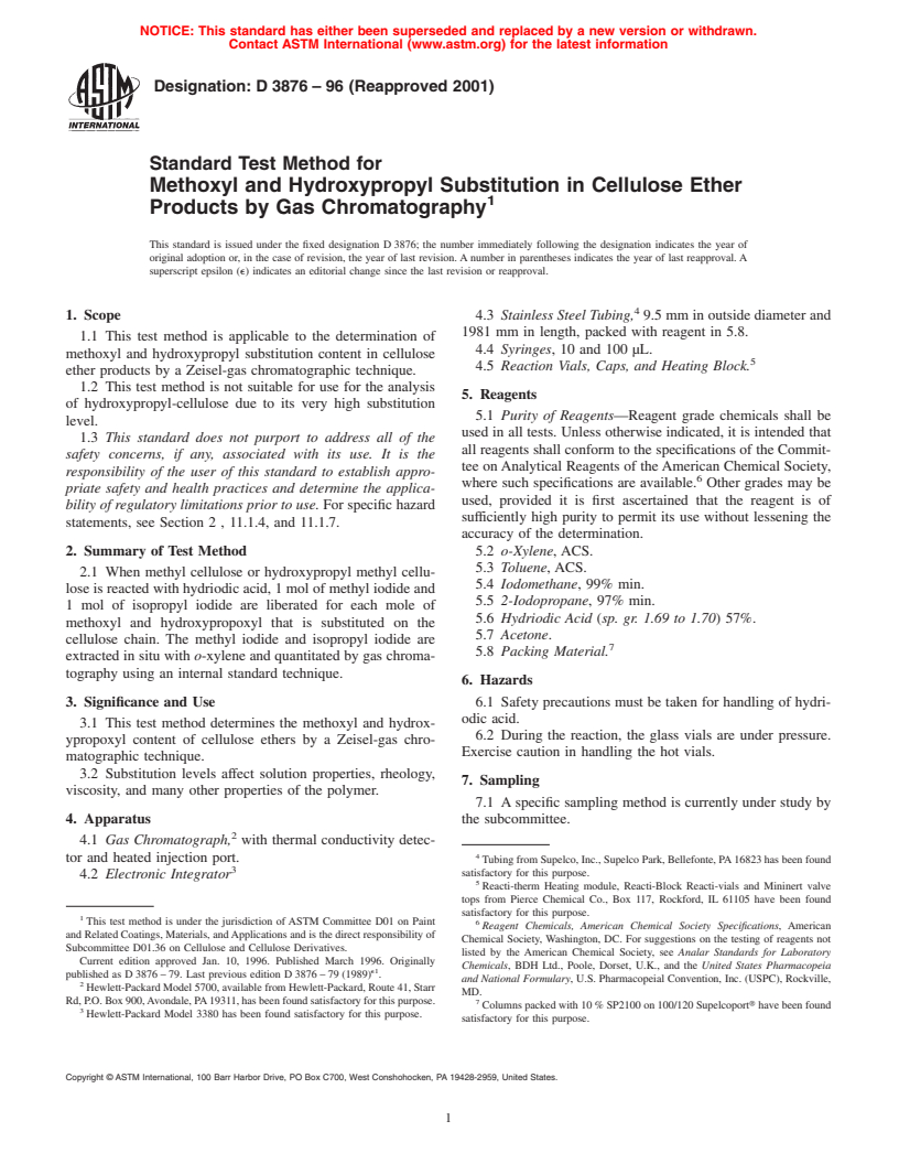 ASTM D3876-96(2001) - Standard Test Method for Methoxyl and Hydroxypropyl Substitution in Cellulose Ether Products by Gas Chromatography