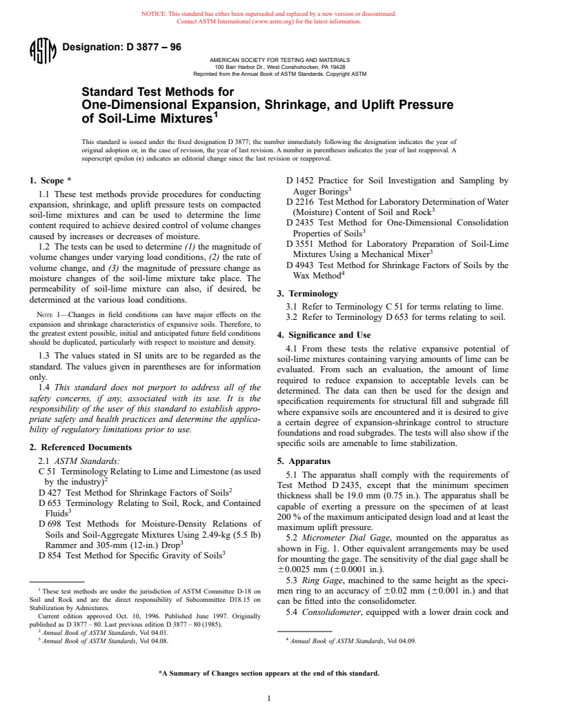 ASTM D3877-96 - Standard Test Methods for One-Dimensional Expansion, Shrinkage, and Uplift Pressure of Soil-Lime Mixtures