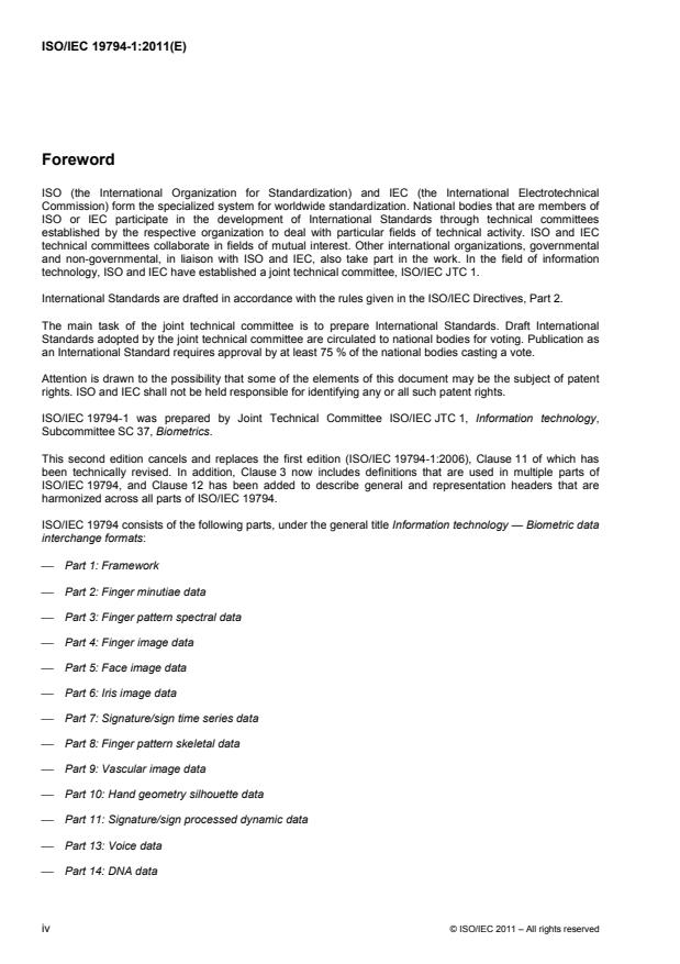 ISO/IEC 19794-1:2011 ISO/IEC 19794-1:2011 - Information technology -- Biometric data interchange formats - Page 4 preview