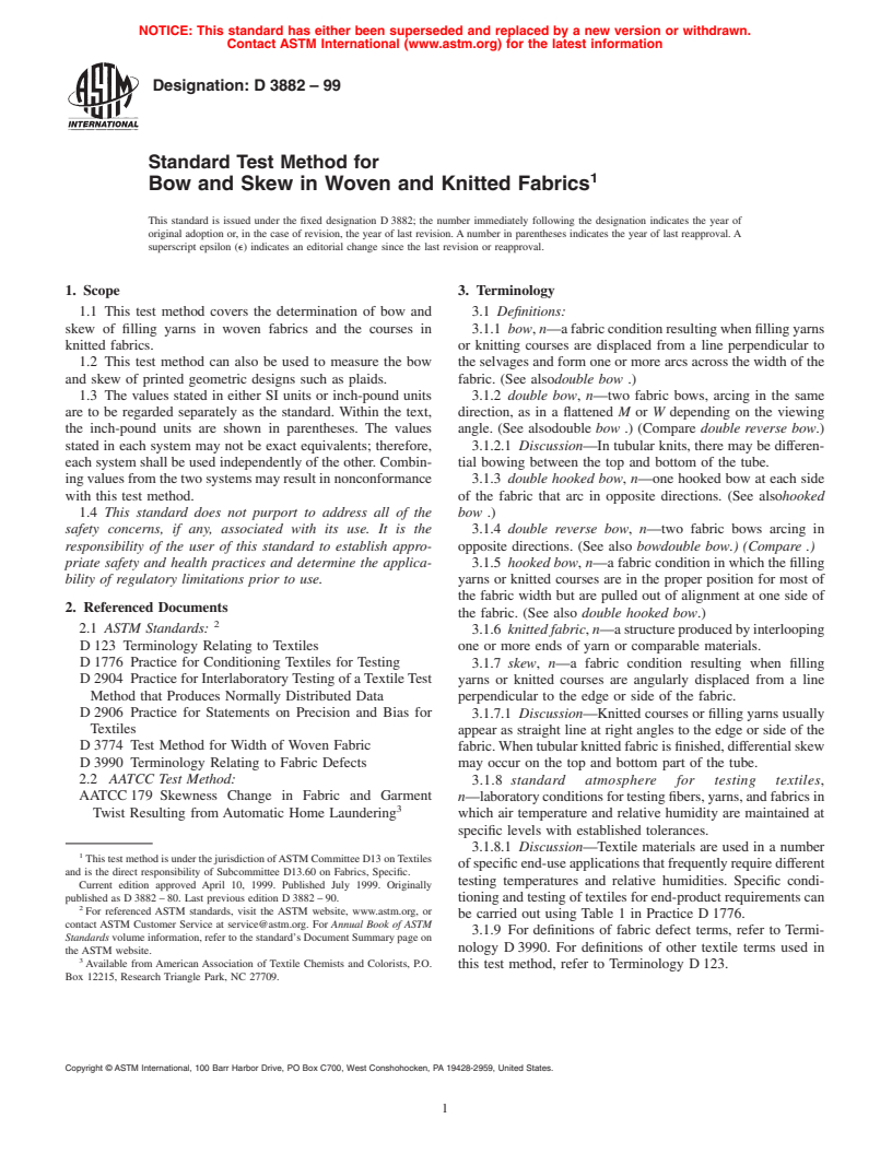 ASTM D3882-99 - Standard Test Method for Bow and Skew in Woven and Knitted Fabrics