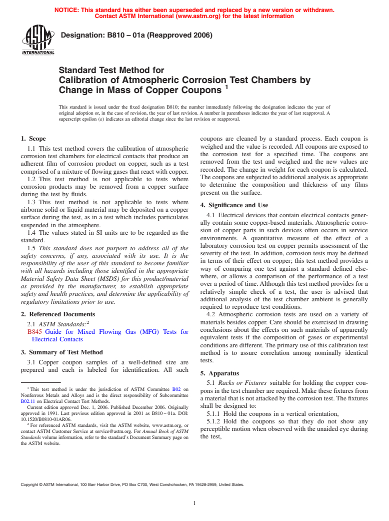 ASTM B810-01a(2006) - Standard Test Method for Calibration of Atmospheric Corrosion Test Chambers by Change in Mass of Copper Coupons