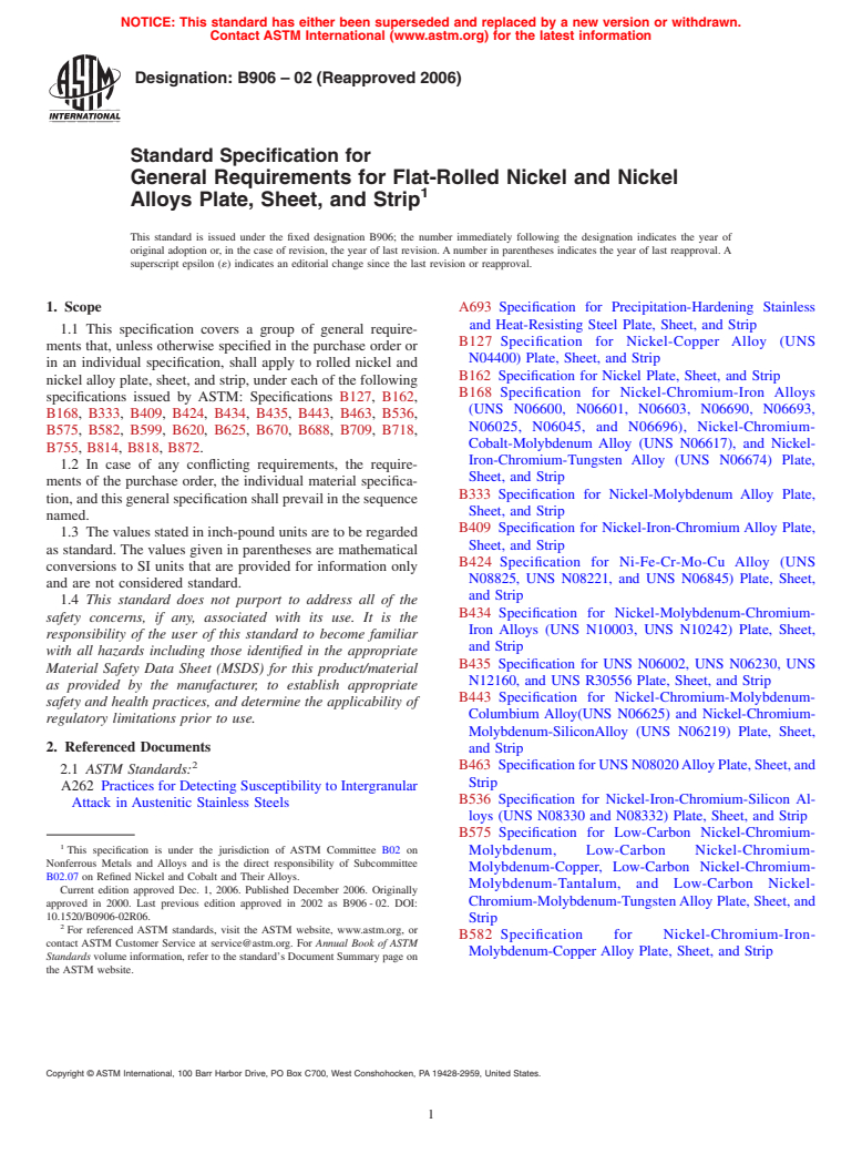 ASTM B906-02(2006) - Standard Specification for General Requirements for Flat-Rolled Nickel and Nickel Alloys Plate, Sheet, and Strip