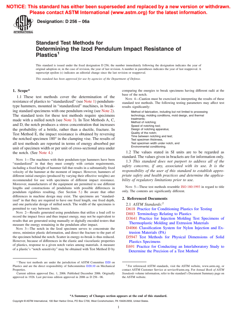 ASTM D256-06a - Standard Test Methods for Determining the Izod Pendulum Impact Resistance of Plastics