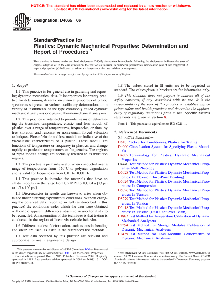 ASTM D4065-06 - Standard Practice for Plastics: Dynamic Mechanical Properties: Determination and Report of Procedures