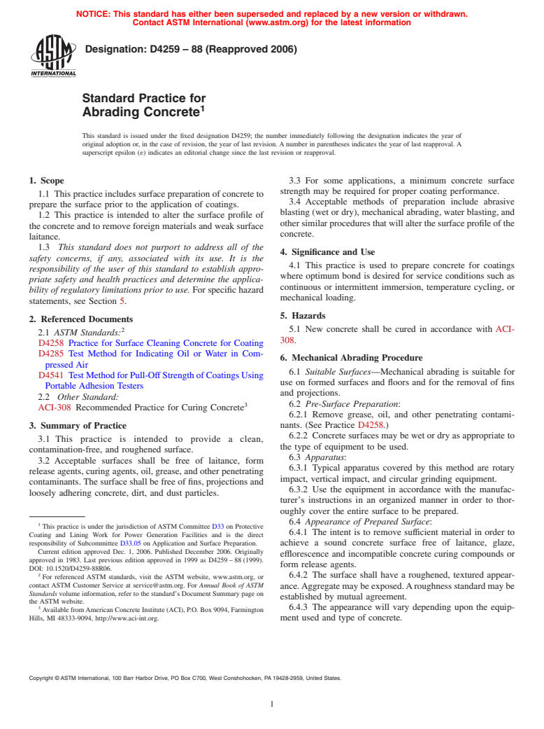 ASTM D4259-88(2006) - Standard Practice for Abrading Concrete