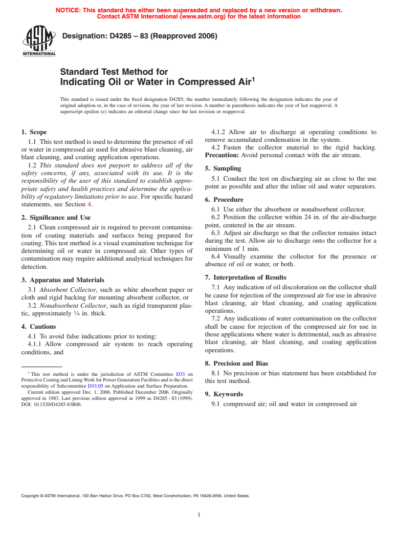 ASTM D4285-83(2006) - Standard Test Method for Indicating Oil or Water in Compressed Air