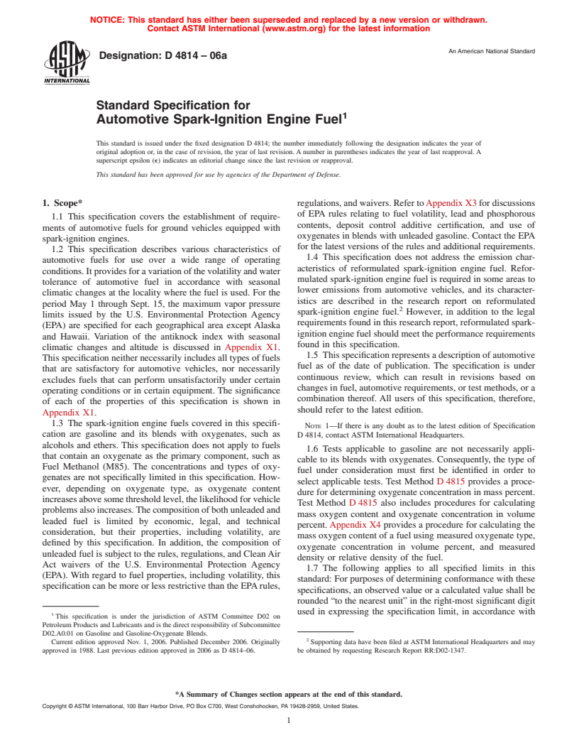 ASTM D4814-06a - Standard Specification for Automotive Spark-Ignition Engine Fuel