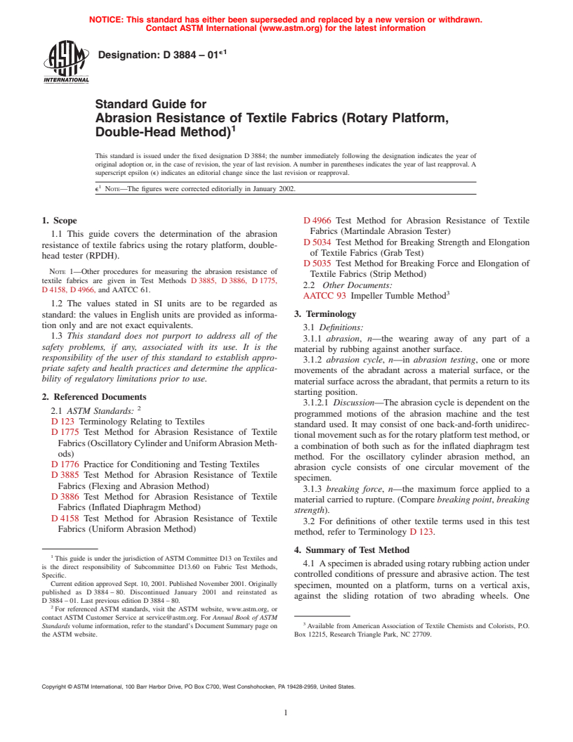 ASTM D3884-01e1 - Standard Guide for Abrasion Resistance of Textile Fabrics  (Rotary Platform, Double-Head Method)