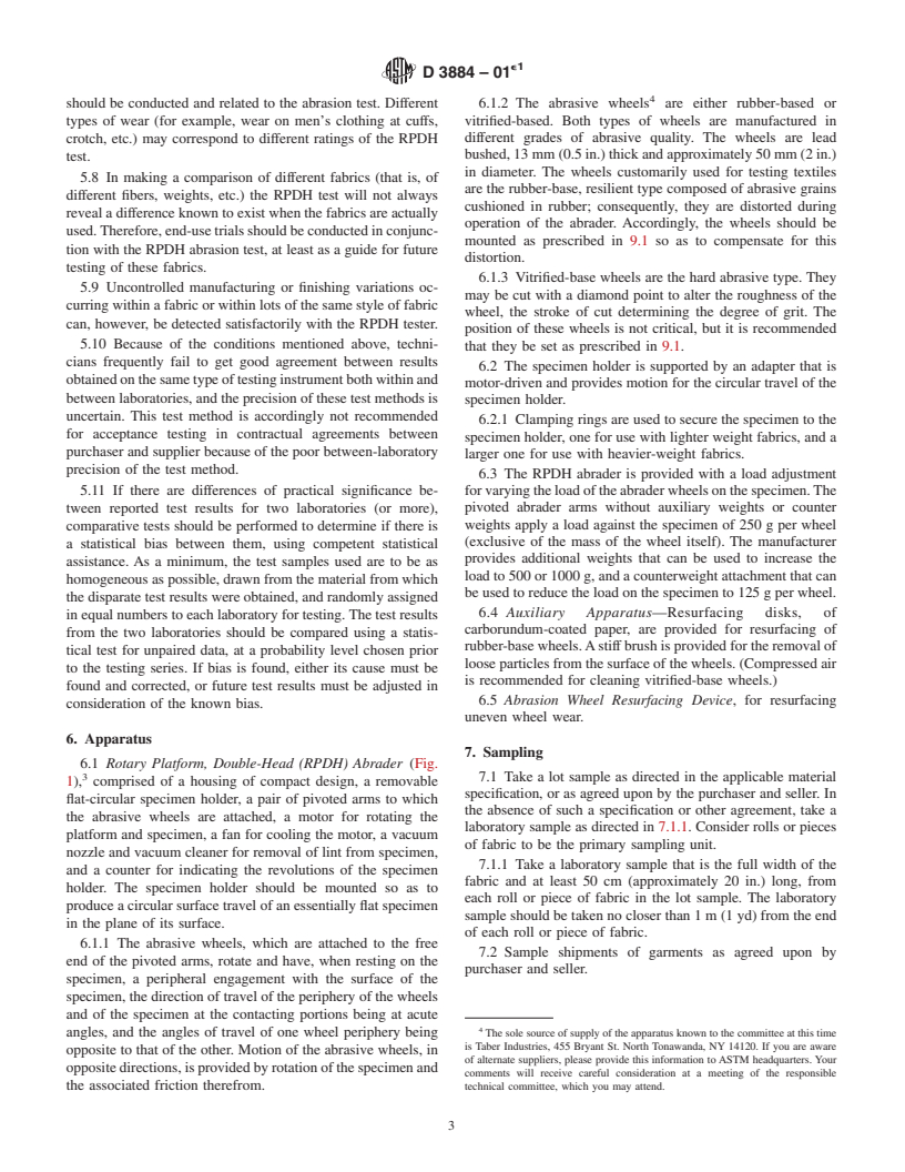 ASTM D3884-01e1 - Standard Guide for Abrasion Resistance of Textile Fabrics (Rotary Platform, Double-Head Method)