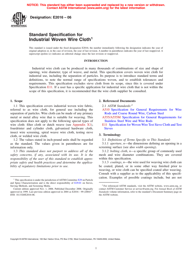 ASTM E2016-06 - Standard Specification for Industrial Woven Wire Cloth