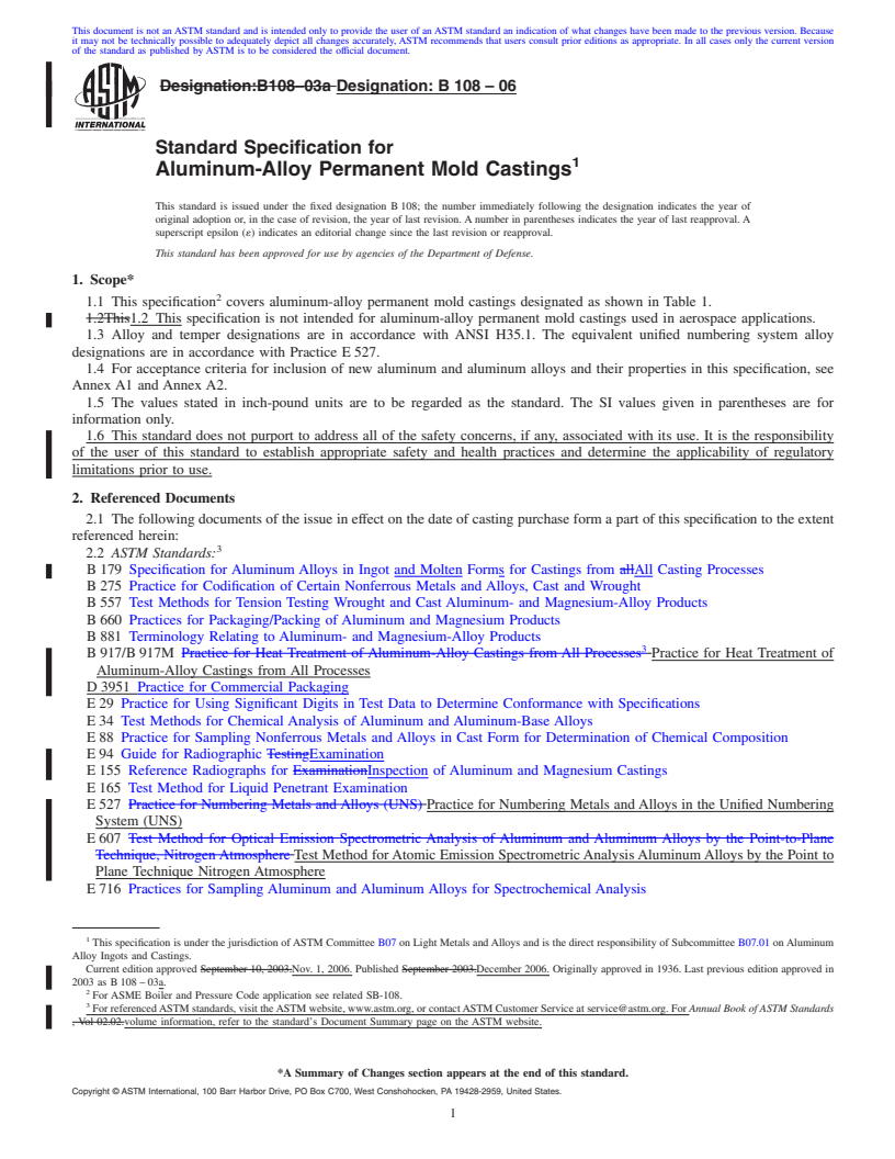 REDLINE ASTM B108-06 - Standard Specification for Aluminum-Alloy Permanent Mold Castings