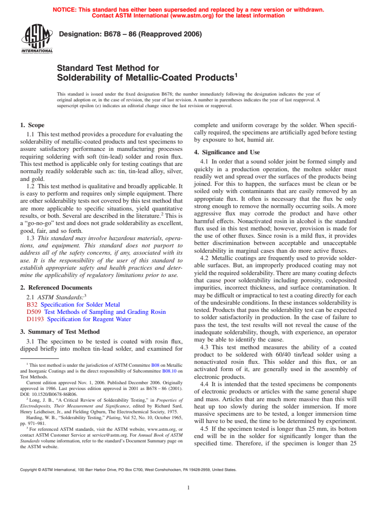 ASTM B678-86(2006) - Standard Test Method for Solderability of Metallic-Coated Products