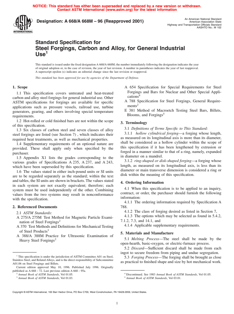 ASTM A668/A668M-96(2001) - Standard Specification for Steel Forgings, Carbon and Alloy, for General Industrial Use