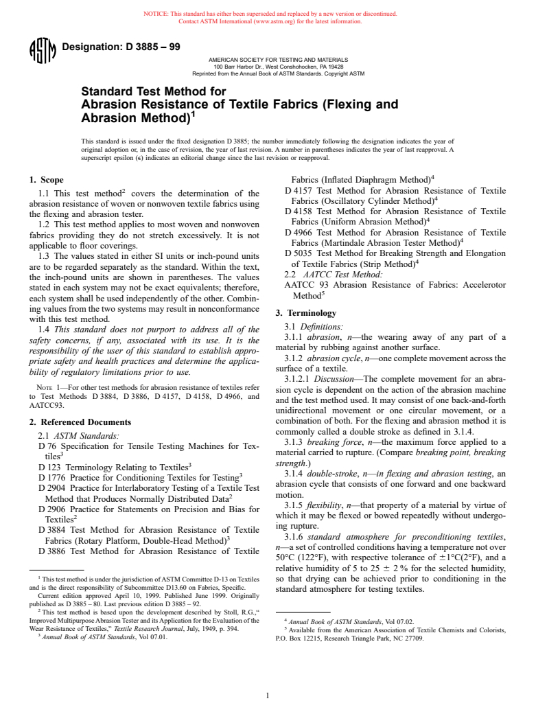 ASTM D3885-99 - Standard Test Method for Abrasion Resistance of Textile Fabrics (Flexing and Abrasion Method)