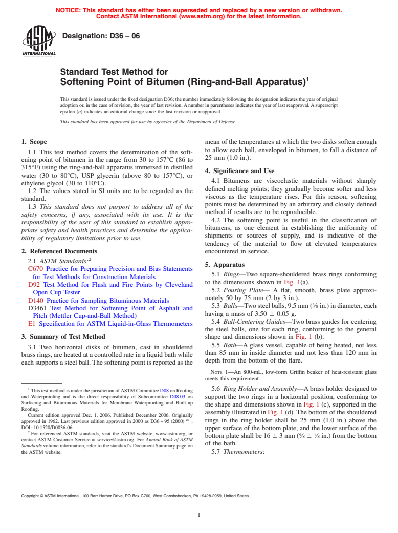 ASTM D36-06 - Standard Test Method for Softening Point of Bitumen (Ring-and-Ball Apparatus)