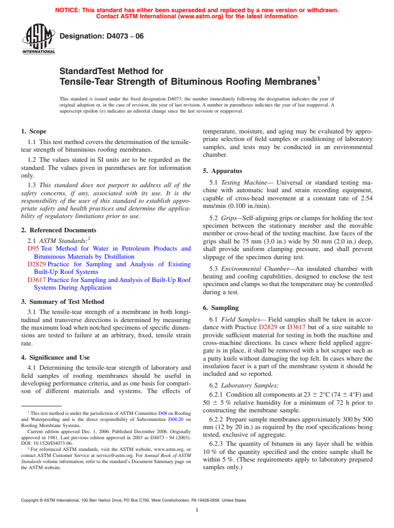 ASTM D4073-06 - Standard Test Method for Tensile-Tear Strength of Bituminuous Roofing Membranes