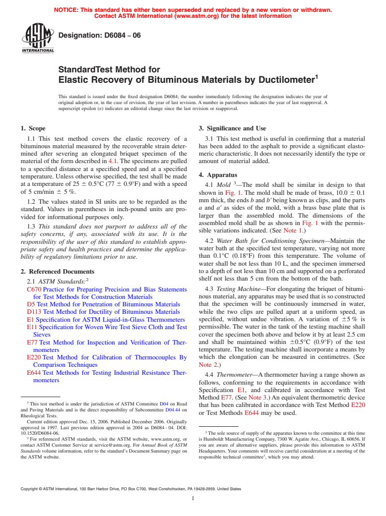 ASTM D6084-06 - Standard Test Method for Elastic Recovery of Bituminous Materials by Ductilometer