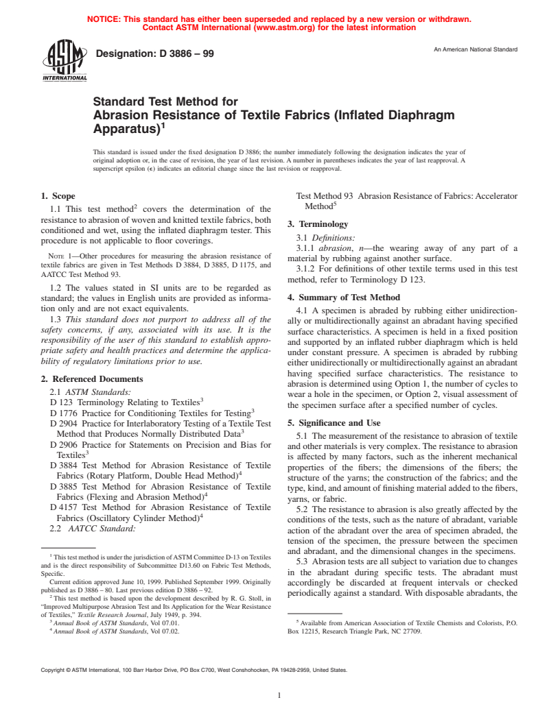 ASTM D3886-99 - Standard Test Method for Abrasion Resistance of Textile Fabrics (Inflated Diaphragm Method)