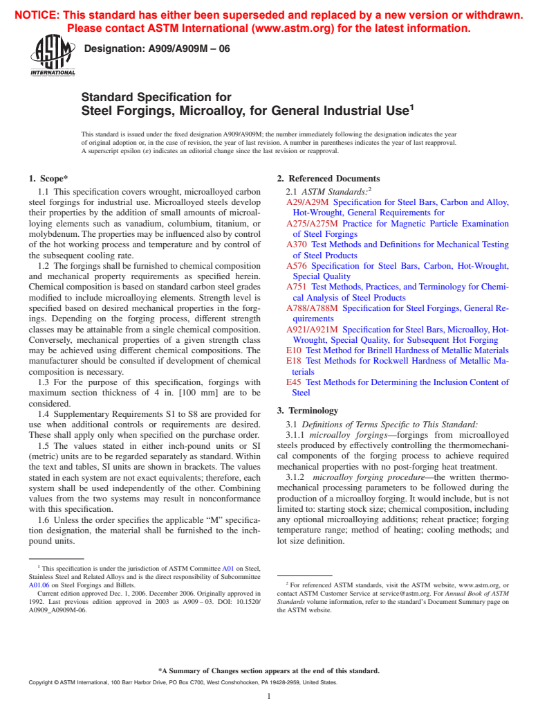 ASTM A909/A909M-06 - Standard Specification for Steel Forgings, Microalloy, for General Industrial Use