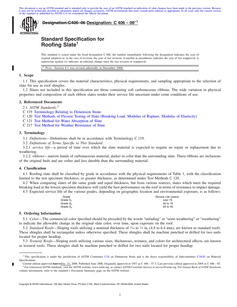 REDLINE ASTM C406-06e1 - Standard Specification for Roofing Slate