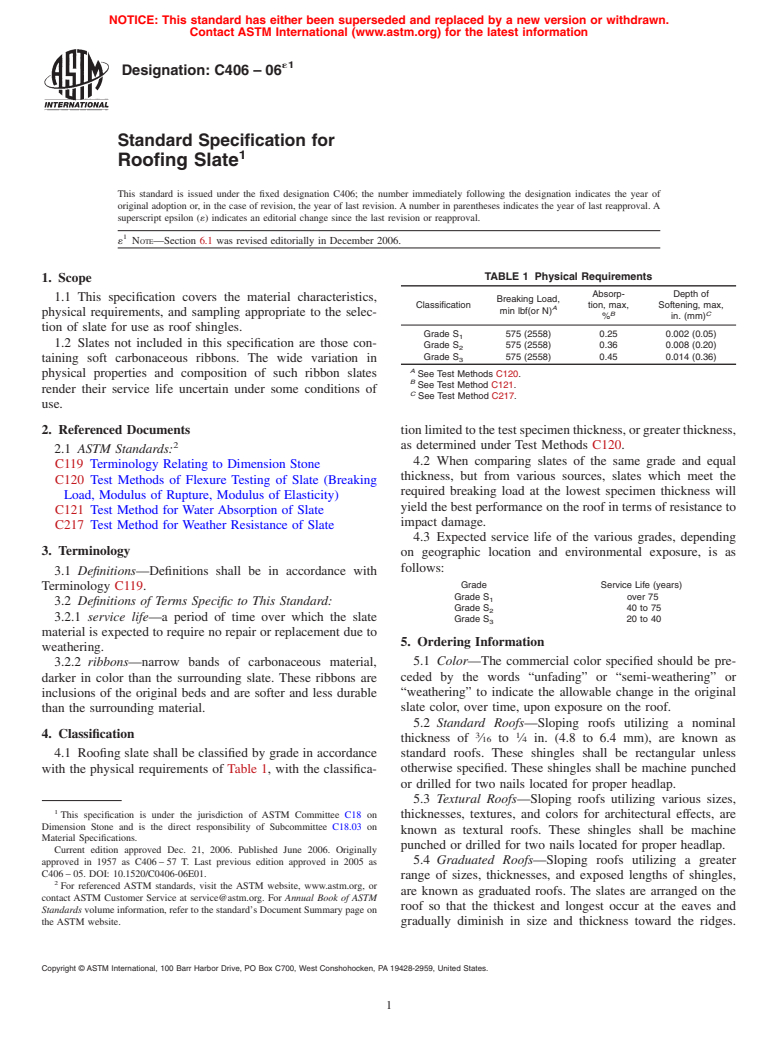 ASTM C406-06e1 - Standard Specification for Roofing Slate