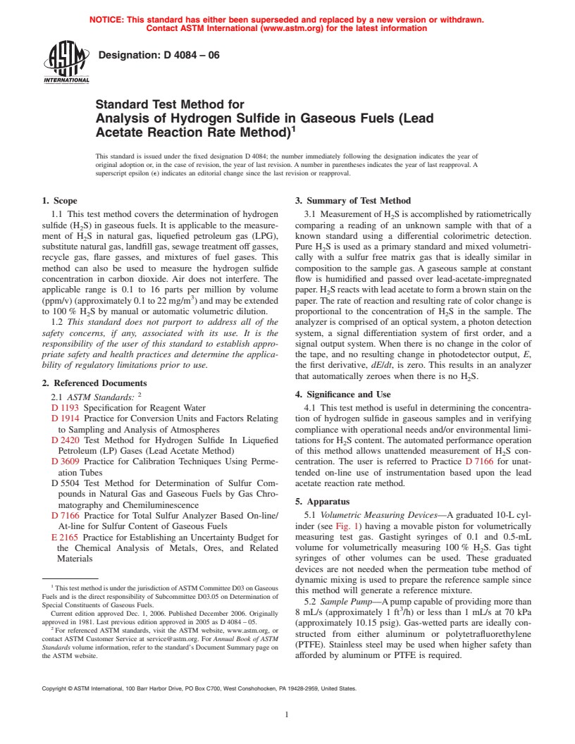 ASTM D4084-06 - Standard Test Method for Analysis of Hydrogen Sulfide in Gaseous Fuels (Lead Acetate Reaction Rate Method)