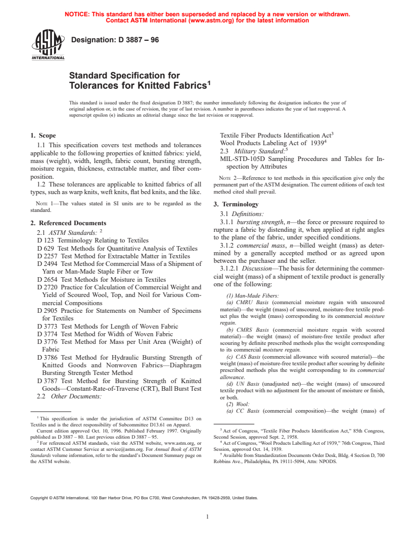 ASTM D3887-96 - Standard Specification for Tolerances for Knitted Fabrics