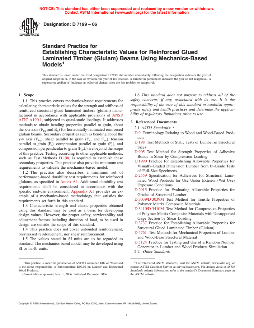 ASTM D7199-06 - Standard Practice for Establishing Characteristic Values for Reinforced Glued Laminated Timber (Glulam) Beams Using Mechanics-Based Models