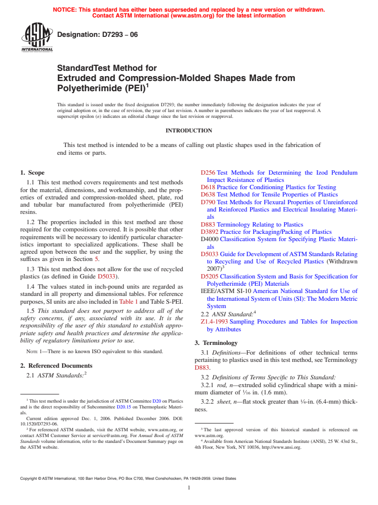 ASTM D7293-06 - Standard Test Method for Extruded and Compression-Molded Shapes Made from Polyetherimide (PEI)