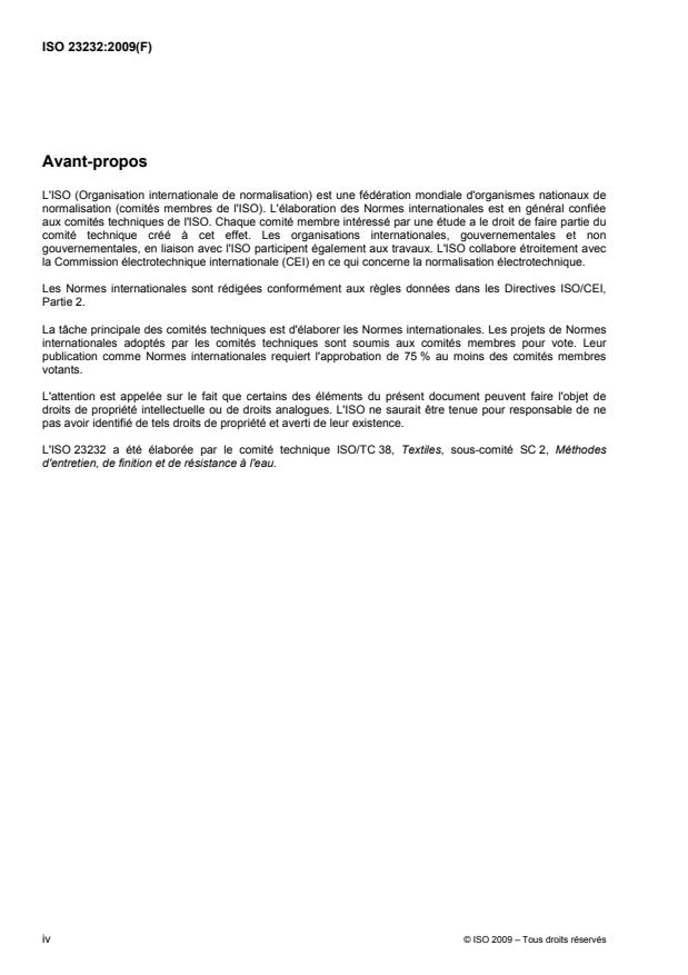 ISO 23232:2009 ISO 23232:2009 - Textiles -- Caractere hydrophobe -- Essai avec une solution eau/alcool - Page 4 preview