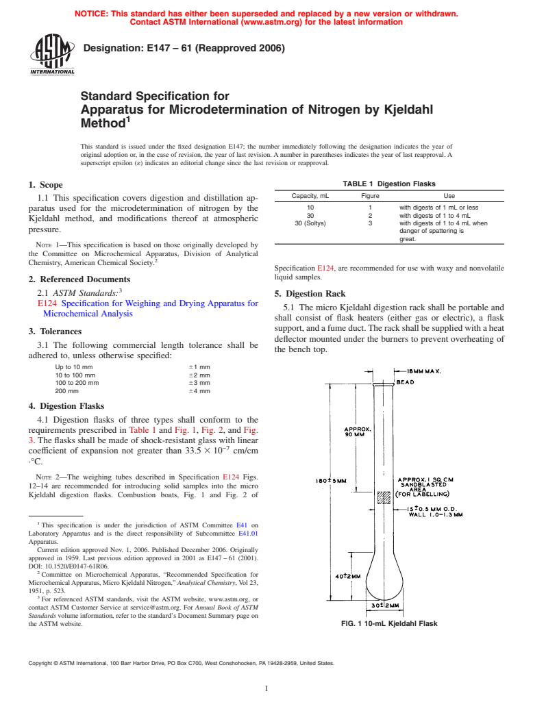 ASTM E147-61(2006) - Standard Specification for Apparatus For Microdetermination Of Nitrogen By Kjeldahl Method