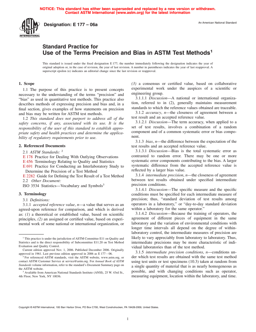 ASTM E177-06a - Standard Practice for Use of the Terms Precision and Bias in ASTM Test Methods