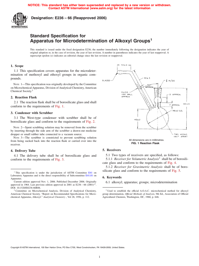 ASTM E236-66(2006) - Standard Specification for Apparatus For Microdetermination Of Alkoxyl Groups