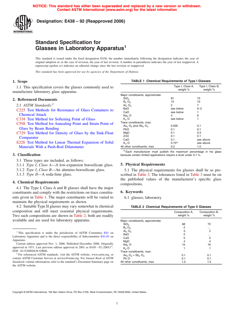 ASTM E438-92(2006) - Standard Specification for Glasses in Laboratory Apparatus