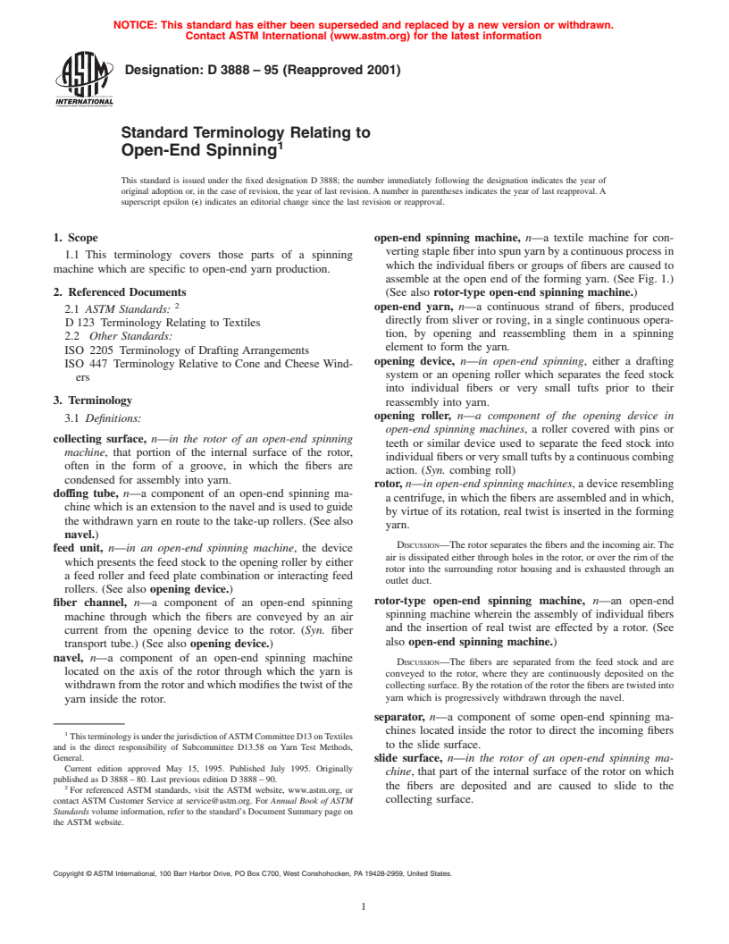 ASTM D3888-95(2001) - Standard Terminology Relating to Open-End Spinning