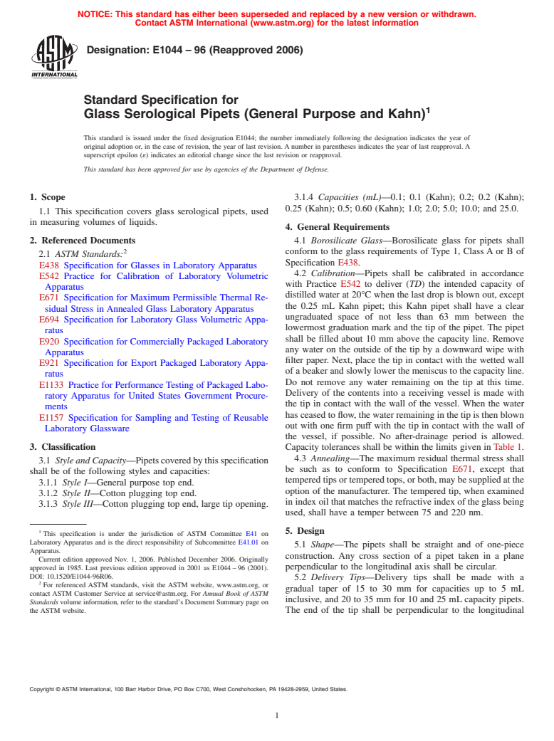 ASTM E1044-96(2006) - Standard Specification for Glass Serological Pipets (General Purpose and Kahn)