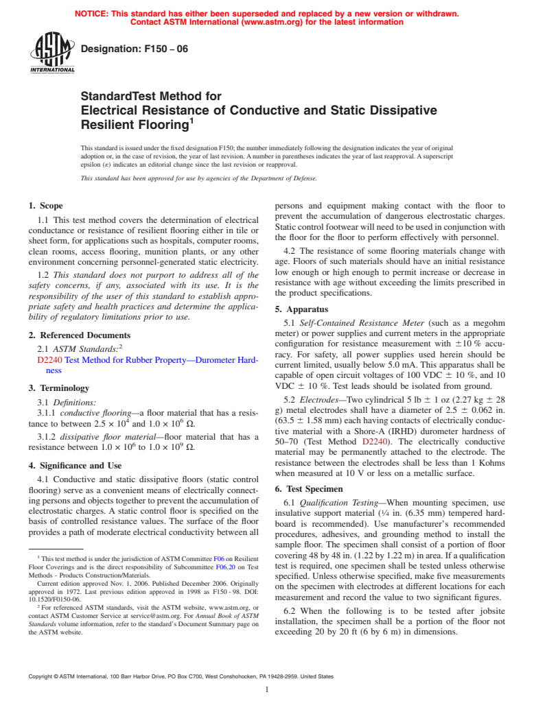 ASTM F150-06 - Standard Test Method for Electrical Resistance of Conductive and Static Dissipative Resilient Flooring