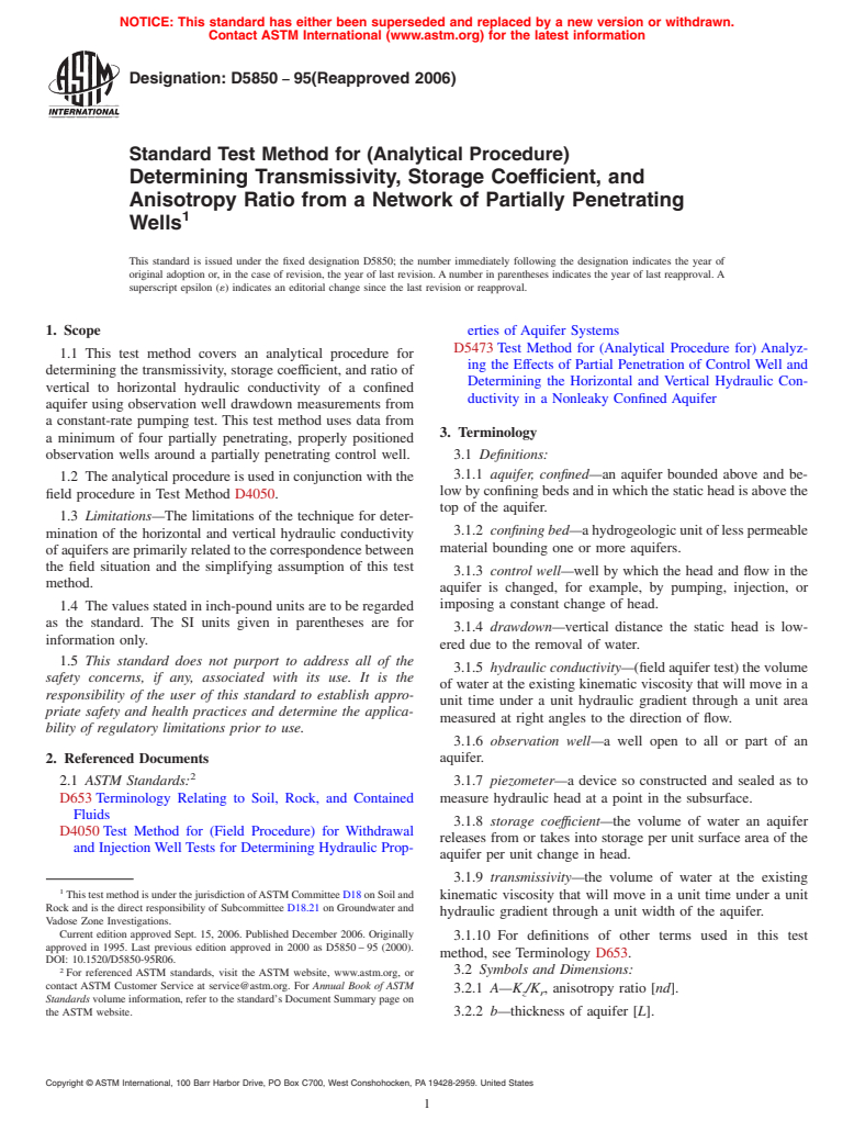 ASTM D5850-95(2006) - Standard Test Method for (Analytical Procedure)  Determining Transmissivity, Storage Coefficient, and Anisotropy Ratio from a Network of Partially Penetrating Wells