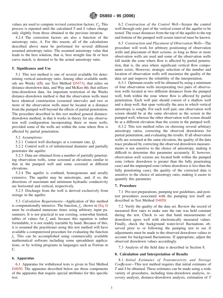 ASTM D5850-95(2006) - Standard Test Method for (Analytical Procedure)  Determining Transmissivity, Storage Coefficient, and Anisotropy Ratio from a Network of Partially Penetrating Wells