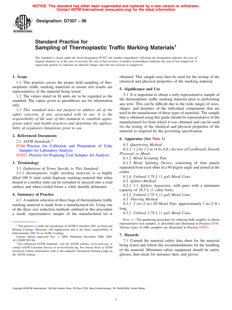 ASTM D7307-06 - Standard Practice for Sampling of Thermoplastic Traffic Marking Materials