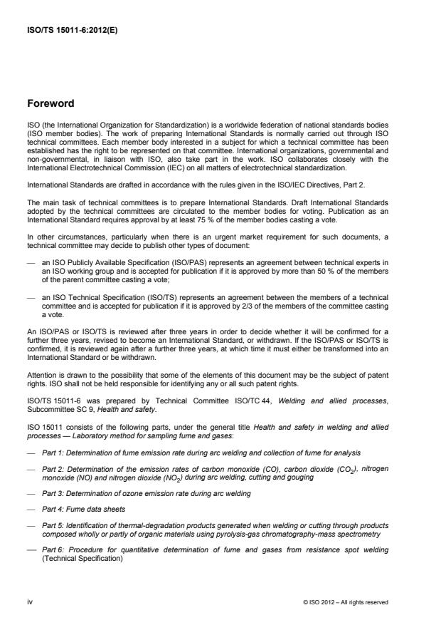ISO/TS 15011-6:2012 ISO/TS 15011-6:2012 - Health and safety in welding and allied processes -- Laboratory method for sampling fume and gases - Page 4 preview