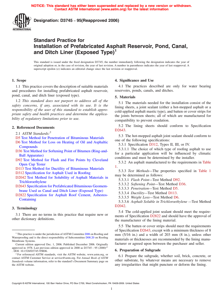 ASTM D3745-95(2006) - Standard Practice for Installation of Prefabricated Asphalt Reservoir, Pond, Canal, and Ditch Liner (Exposed Type)