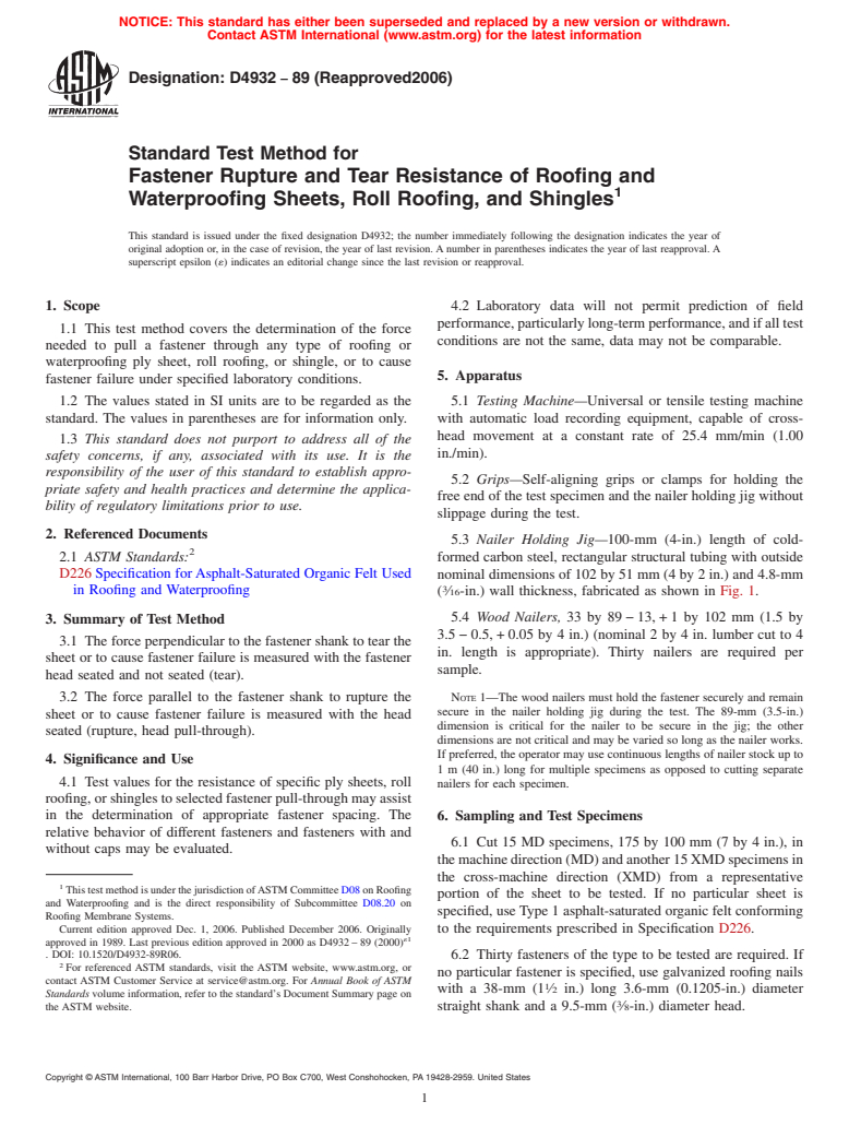 ASTM D4932-89(2006) - Standard Test Method for Fastener Rupture and Tear Resistance of Roofing and Waterproofing Sheets, Roll Roofing, and Shingles