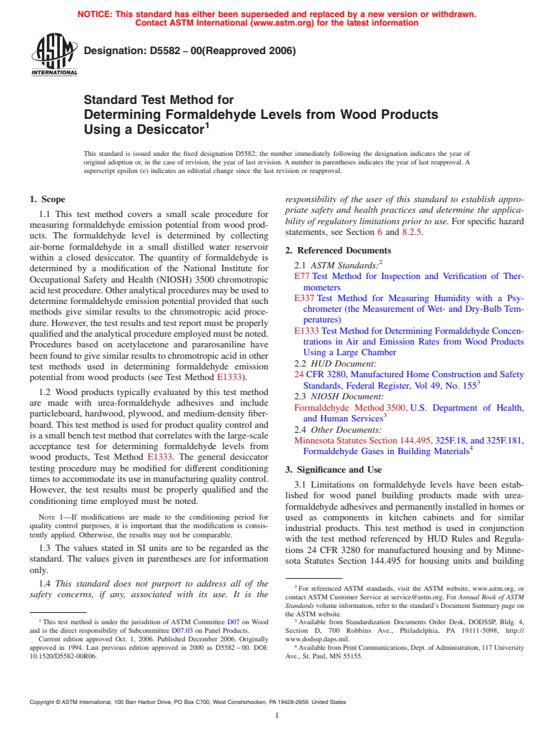 ASTM D5582-00(2006) - Standard Test Method for Determining Formaldehyde Levels from Wood Products Using a Desiccator