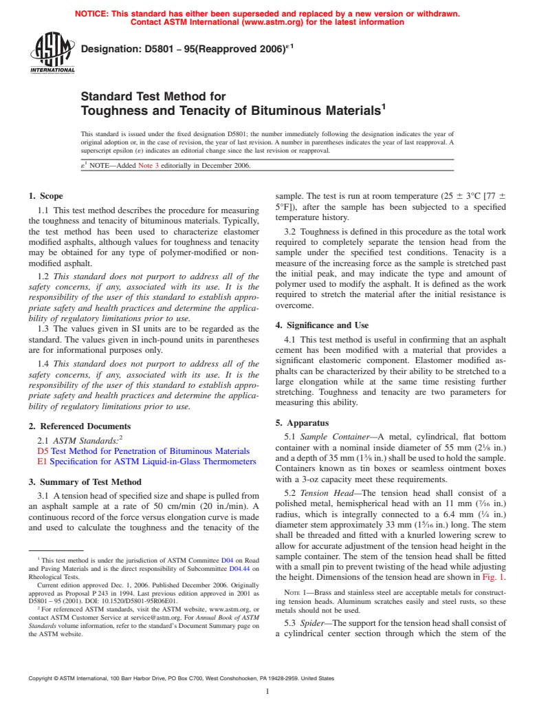 ASTM D5801-95(2006)e1 - Standard Test Method for Toughness and Tenacity of Bituminous Materials