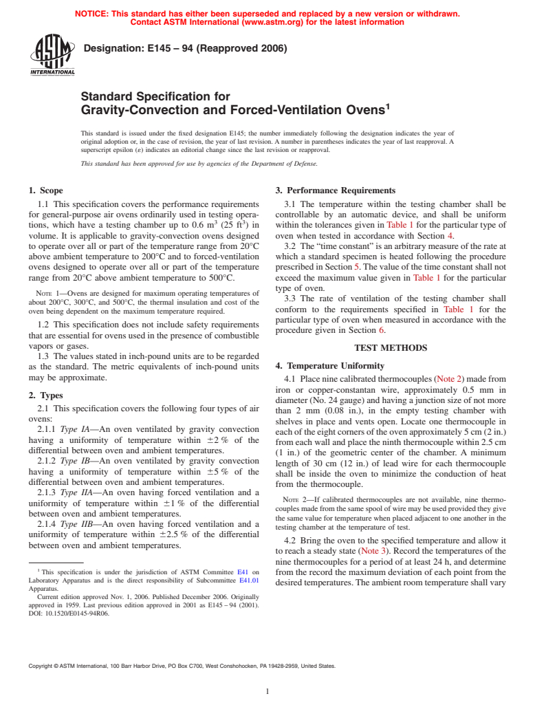 ASTM E145-94(2006) - Standard Specification for Gravity-Convection And Forced-Ventilation Ovens