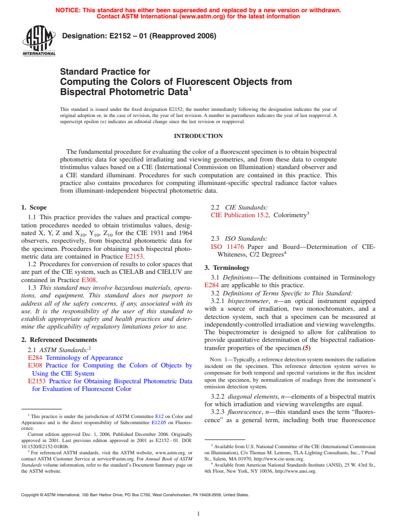 ASTM E2152-01(2006) - Standard Practice for Computing the Colors of Fluorescent Objects from Bispectral Photometric Data