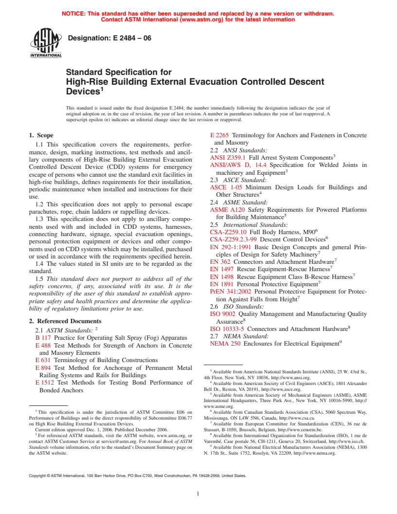 ASTM E2484-06 - Standard Specification for High-Rise Building External Evacuation Controlled Descent Devices