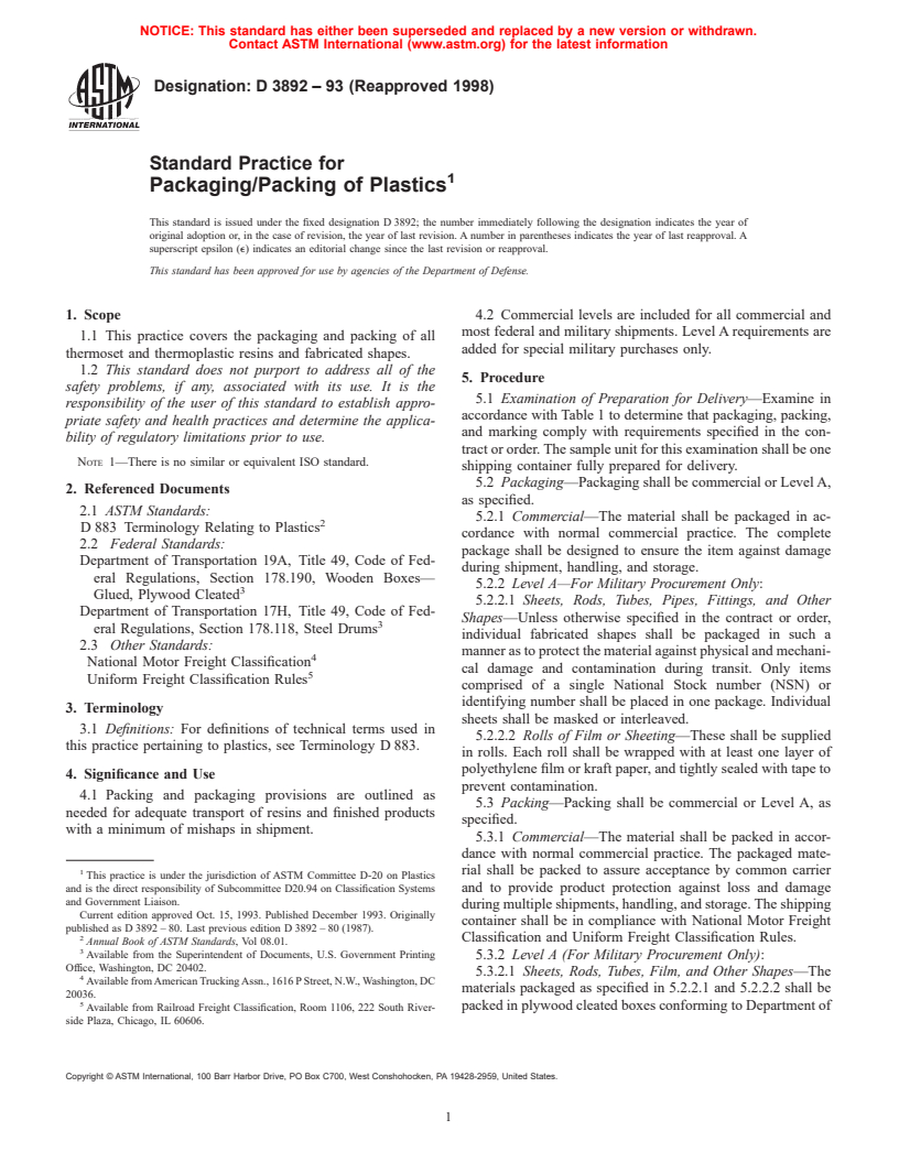 ASTM D3892-93(1998) - Standard Practice for Packaging/Packing of Plastics