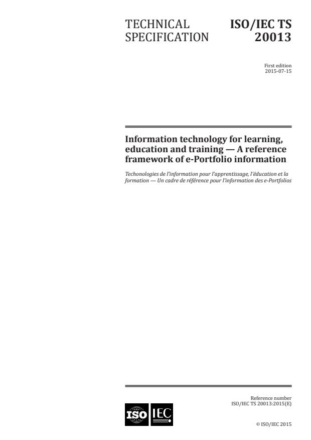 ISO/IEC TS 20013:2015 - Information technology for learning, education and training -- A reference framework of e-Portfolio information